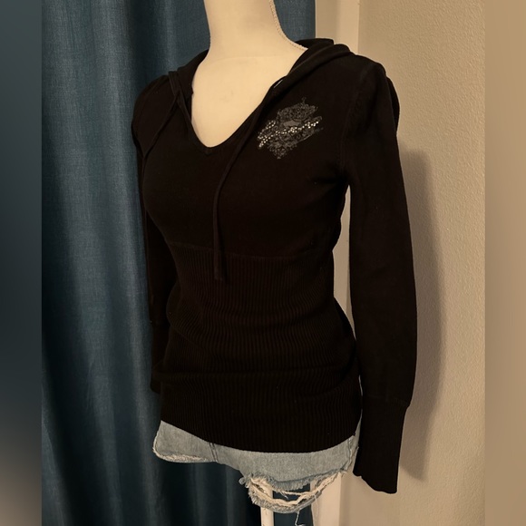 Black Guess Jacket Sweatshirt Scoop Neck Ribbed Long Sleeve Bedazzled Logo Small - Picture 6 of 8